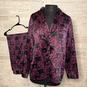 Alfani Intimates Pajama Set Purple and Black Floral Print Silky - Size Large